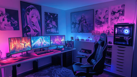 A modern gaming room featuring anime artwork and decorations, with a powerful gaming rig and atmospheric LED lighting, perfect for an anime-loving gamer.の素材