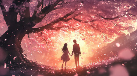 A romantic anime scene of two characters holding hands under a cherry blossom tree in full bloom, petals gently falling around them. Soft,の素材