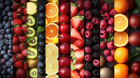 A colorful collage featuring an assortment of fruits and berries, celebrating their diversity and nutritional value.の素材