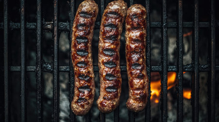 Overhead shot of Sucuk beef sausage cooking on a grill, with a black background emphasizing the smoky, charred texture and rich flavor.の素材