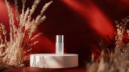 Organic cosmetics packaging displayed on a minimalist 3D stage, accented by dry oat grass and a deep red backdrop, capturing the essence of eco-friendly luxury.の素材
