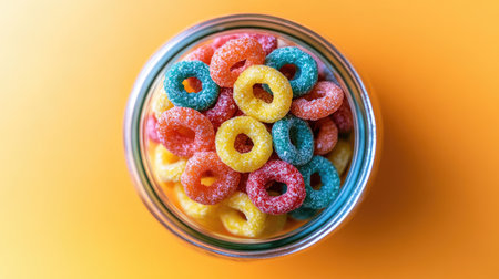 Overhead view of a jar packed with bright, sweet cereal rings on an orange background, highlighting the fun and sugary appeal of this popular treat.の素材