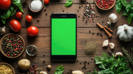 A flat lay of a smartphone with a green screen, surrounded by Italian spices and ingredients on a wooden table,の素材