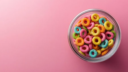 Top view of a jar brimming with bright cereal rings, set against a pink background, perfect for a fun and youthful breakfast scene.の素材