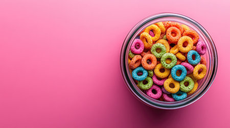 Top view of a jar brimming with bright cereal rings, set against a pink background, perfect for a fun and youthful breakfast scene.の素材