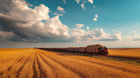 A peaceful landscape with a train carrying a heavy load of grain through a vast field of wheat,の素材