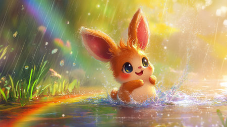 A playful cartoon creature with big ears and a round belly, splashing in a puddle under a bright rainbowの素材