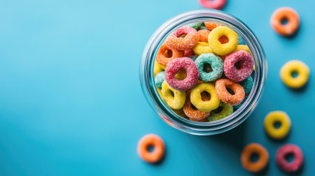 Top-down view of a jar packed with multicolored cereal rings, placed on a blue background, perfect for fun and eye-catching breakfast visuals.の素材