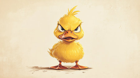 A fierce yellow duck with an angry expression, showing defiance in a whimsical illustration on a plain background,の素材