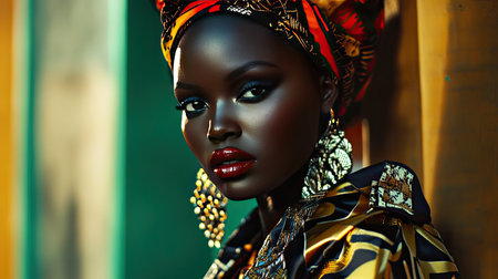 A high-fashion image of an African woman in avant-garde attire, her shiny skin and bold outfits creating a modern, stylish lookの素材