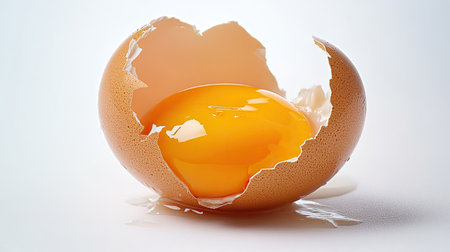 A fresh chicken egg cracked open, with the yolk and egg white visible against a white background. Perfect for culinary or food industry visuals.の素材