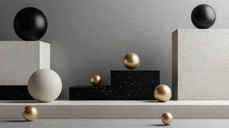 A geometric platform with 3D spheres in black, gold, and beige hues set against a gray backgroundの素材
