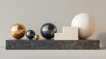A geometric platform with 3D spheres in black, gold, and beige hues set against a gray backgroundの素材