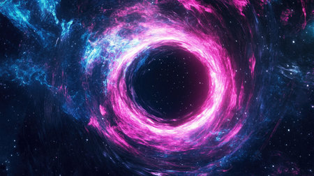 A dynamic cosmic background featuring a black hole with spinning pink and blue neon lines, creating a vibrant vortex in spaceの素材