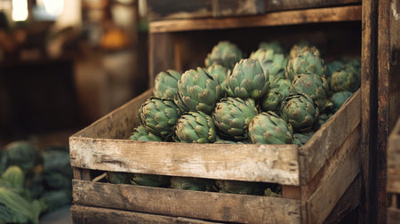 A rustic box filled with fresh artichokes, arranged neatly and ready for market, capturing the essence of natural,の素材