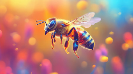 A playful and vibrant image of a bee in mid-flight, showcasing its fun and energetic nature in a colorful, light-hearted setting.の素材