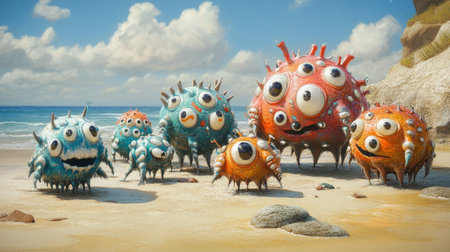 A group of cute, round creatures with different colors and patterns,の素材