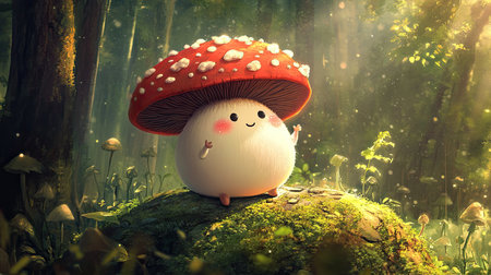 A happy, chubby cartoon creature with a round body and tiny legs, sitting on a giant mushroom in an enchanted forest.の素材