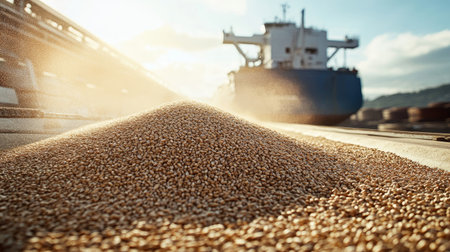 A large pile of grain being carefully unloaded from a ship, spreading out calmly across the ground, depicting a peaceful and controlled agricultural scene.の素材