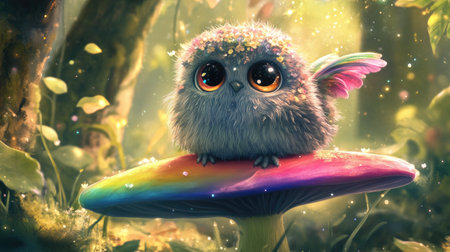 A fluffy, round creature with big eyes and little wings, sitting on a rainbow-colored mushroom in a magical forest.の素材