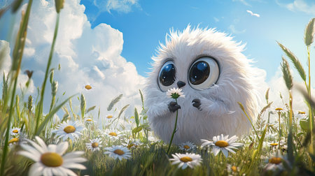 A fluffy, round creature with big eyes and tiny feet, holding a flower in a field of daisies under a bright blue sky.の素材