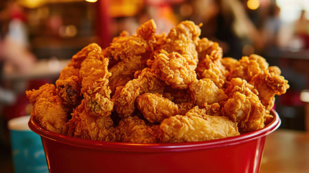 A large red bucket filled with crispy fried chicken strips, showcasing the golden texture and juicy deliciousnessの素材