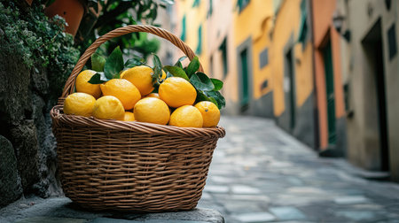 A scenic view of a wicker basket filled with fresh lemons, set against the backdrop of a quaint Italian street in Corniglia,の素材