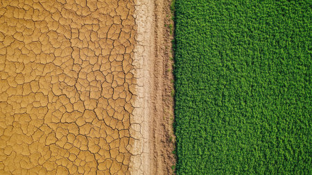 A powerful comparison of dry, barren land and fertile, green fields, highlighting the agricultural challenges of hunger and satietyの素材