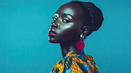 A stylish portrait of an African woman in avant-garde fashion, with glossy skin and striking clothing against a simple backgroundの素材