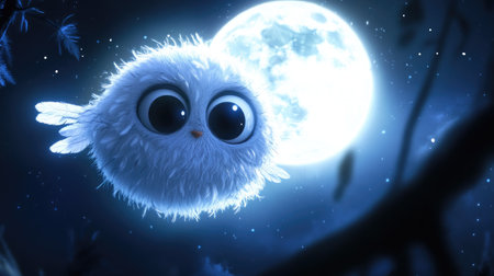 A round, fluffy creature with big eyes and little wings, hovering in front of a bright full moon on a dark, starry night.の素材