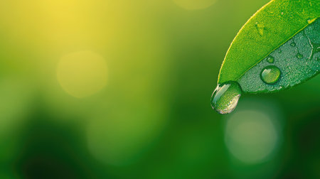 A single water drop glistens on a fresh green leaf, set against a vibrant green background, capturing the essence of nature's purityの素材