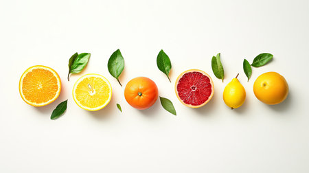 A minimalist fruit composition featuring different fruits with leaves, isolated on a clean white background.の素材