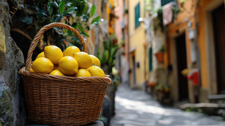 A scenic view of a wicker basket filled with fresh lemons, set against the backdrop of a quaint Italian street in Corniglia,の素材