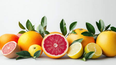 An elegant composition of fruits with green leaves, standing out against a white background, ideal for fresh and clean visual contentの素材
