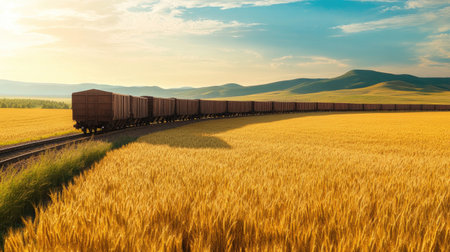 A tranquil scene of a train pulling a long line of cargo cars filled with grain through a golden wheat field,の素材