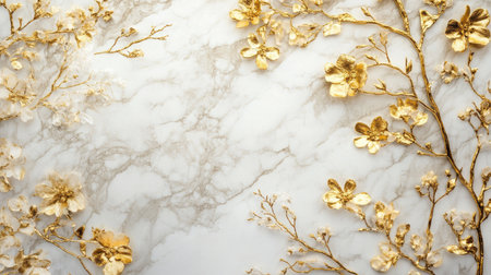 Elegant gold floral patterns adorning a pristine white marble surface, ideal for luxurious wedding invitations or decorの素材