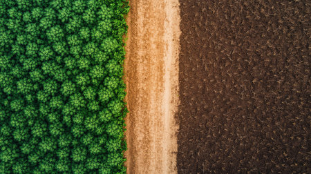 An aerial perspective of barren land next to a vibrant, green plantation, representing the divide between organic crop growth and dead earthの素材