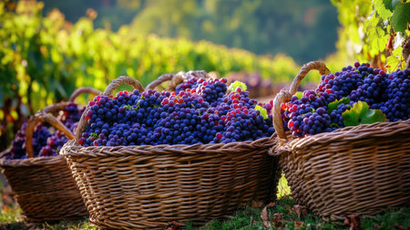 Baskets brimming with plump grapes, prepared for the winemaking process, arranged in a picturesque settingの素材