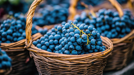 Closeup of freshly picked wine grapes nestled in woven baskets, showcasing the rich colors and textures of the fruitの素材