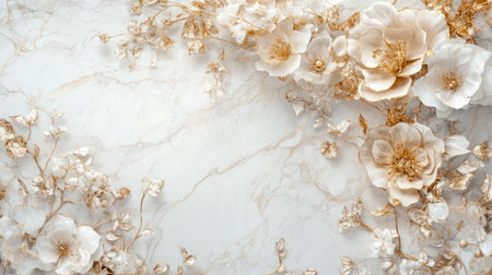 A symphony of gold floral elements gracefully arranged on a white marble background, perfect for an exclusive wedding designの素材