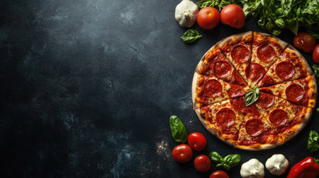 An overhead shot of a pepperoni pizza, sliced and ready to serve, with vegetables on a dark tableの素材