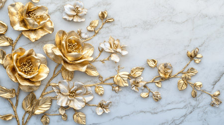 Gold floral designs elegantly gracing a white marble surface, offering a sophisticated and exclusive look for wedding themesの素材