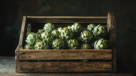 A wooden box overflowing with green artichokes, set against a simple background, highlightingの素材