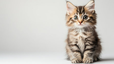 A fluffy kitten with bright eyes sitting on a white background, with space for copy or promotional text.の素材
