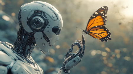 A close-up 3D render of a robot staring intently at a butterfly resting on its finger. The image captures the intersection of technology and nature in a moment of quiet fascinationの素材