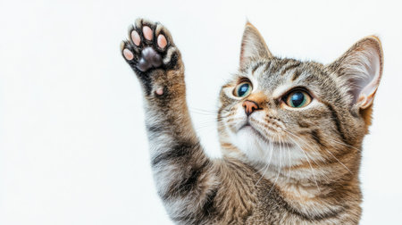A curious cat with its paw raised on a white background, with ample space for text or branding.の素材