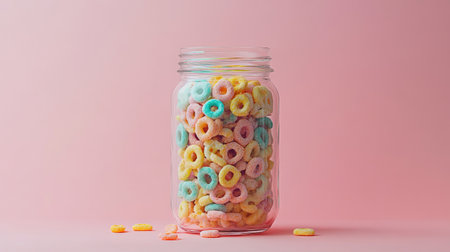 A clear jar overflowing with multicolored cereal rings, placed on a pastel pink background, capturing the playful spirit of a sweet morning treat.の素材