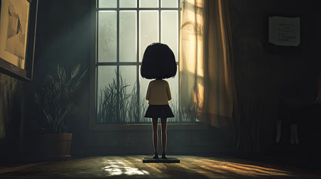 A lonely cartoon girl stands on a display stand in front of a 3D moody window. The soft lighting and shadows create a contemplative atmosphere, adding emotional depth to the sceneの素材