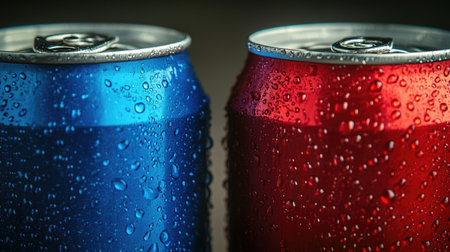 Two soda cans, one red and one blue, with condensation droplets emphasizing their coolness. The image is perfect for showcasing the refreshing appeal of soda in a market competition settingの素材