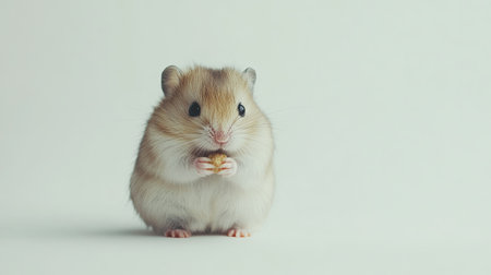A small, cute hamster holding a tiny treat on a white background, with generous space for copy above or beside it.の素材
